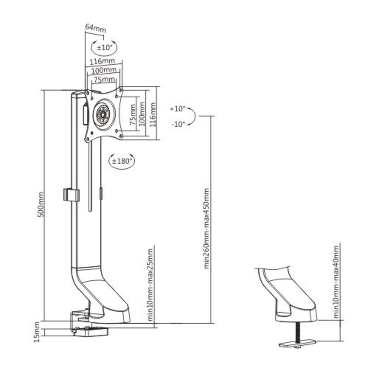 Technische tekening van een monitorstandaard, met afmetingen en maten in mm.