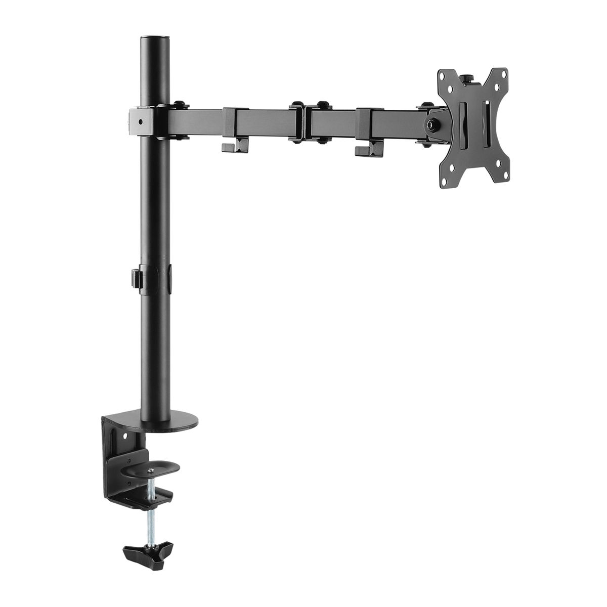 Een zwarte monitorarm, gemonteerd op een witte achtergrond. De arm is volledig uitgeschoven.