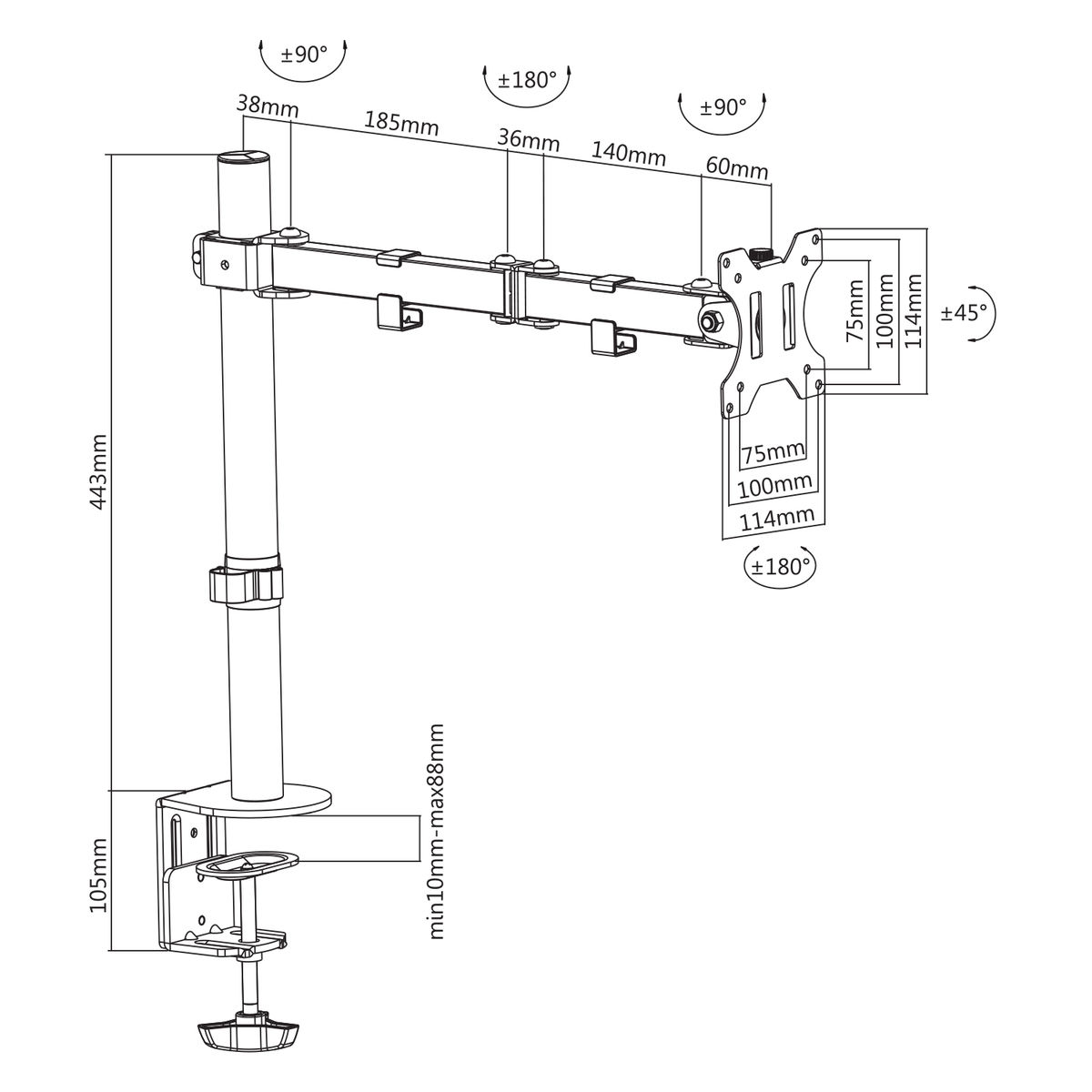 Technische tekening van een monitorarm met afmetingen en maten duidelijk aangegeven.