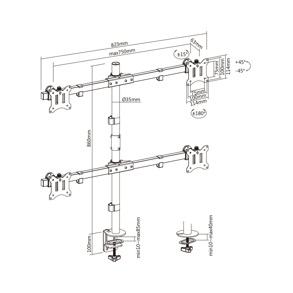 Diagram van een dubbele monitorbevestiging met afmetingen, hoeken en diverse onderdelen.