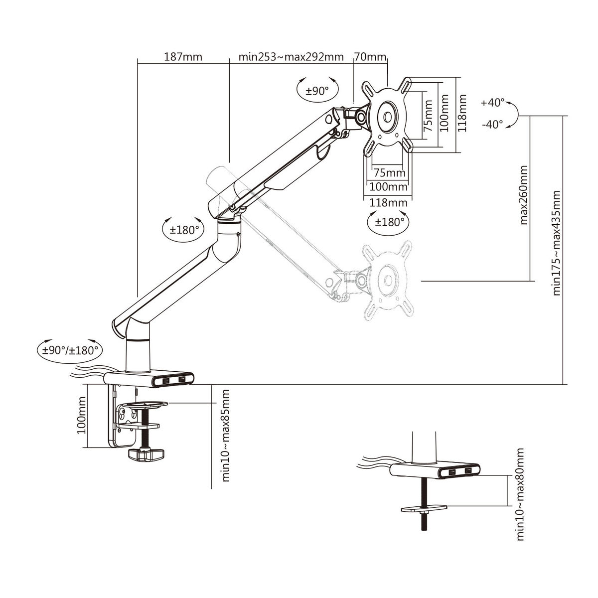 Diagram van een monitorarm met afmetingen en hoeken voor installatie en gebruik.