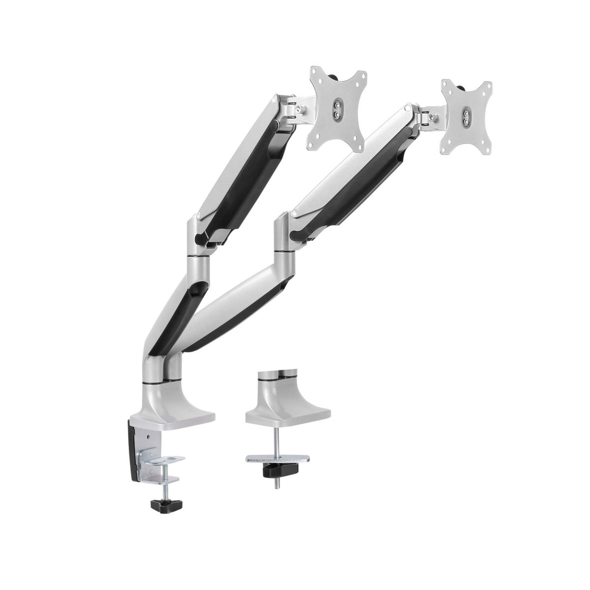 Support double moniteur sur fond blanc. Le support est argenté et noir, fixé à une pince et à une base.