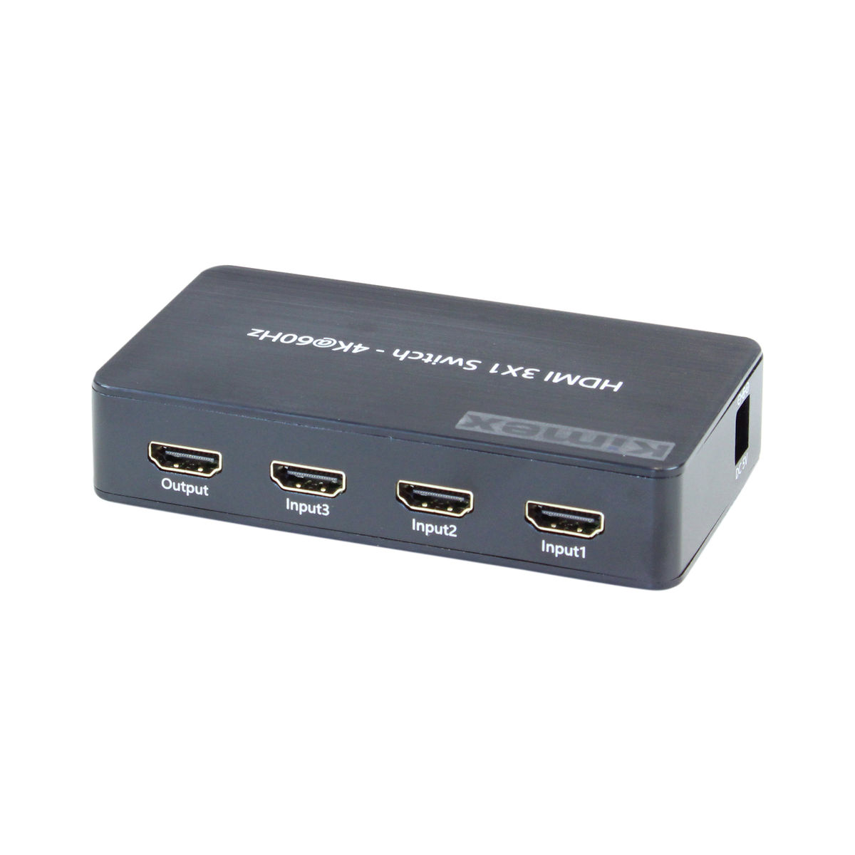 Conmutador HDMI negro con cuatro puertos de entrada. Fondo blanco.