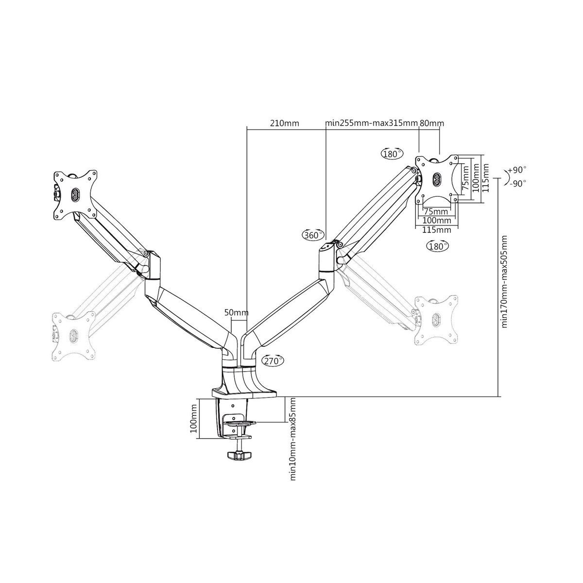 Diagramme d'un bras de moniteur avec mesures et angles.