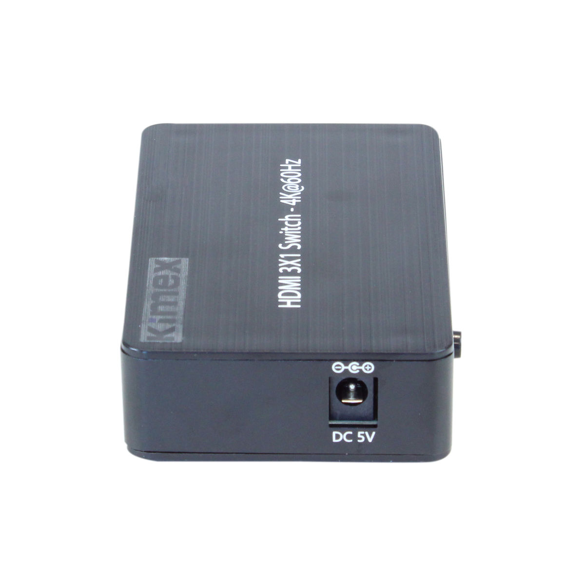 Conmutador HDMI 3x1 negro con 4K@60Hz. Tiene puerto de alimentación y etiqueta DC 5V en el lateral.