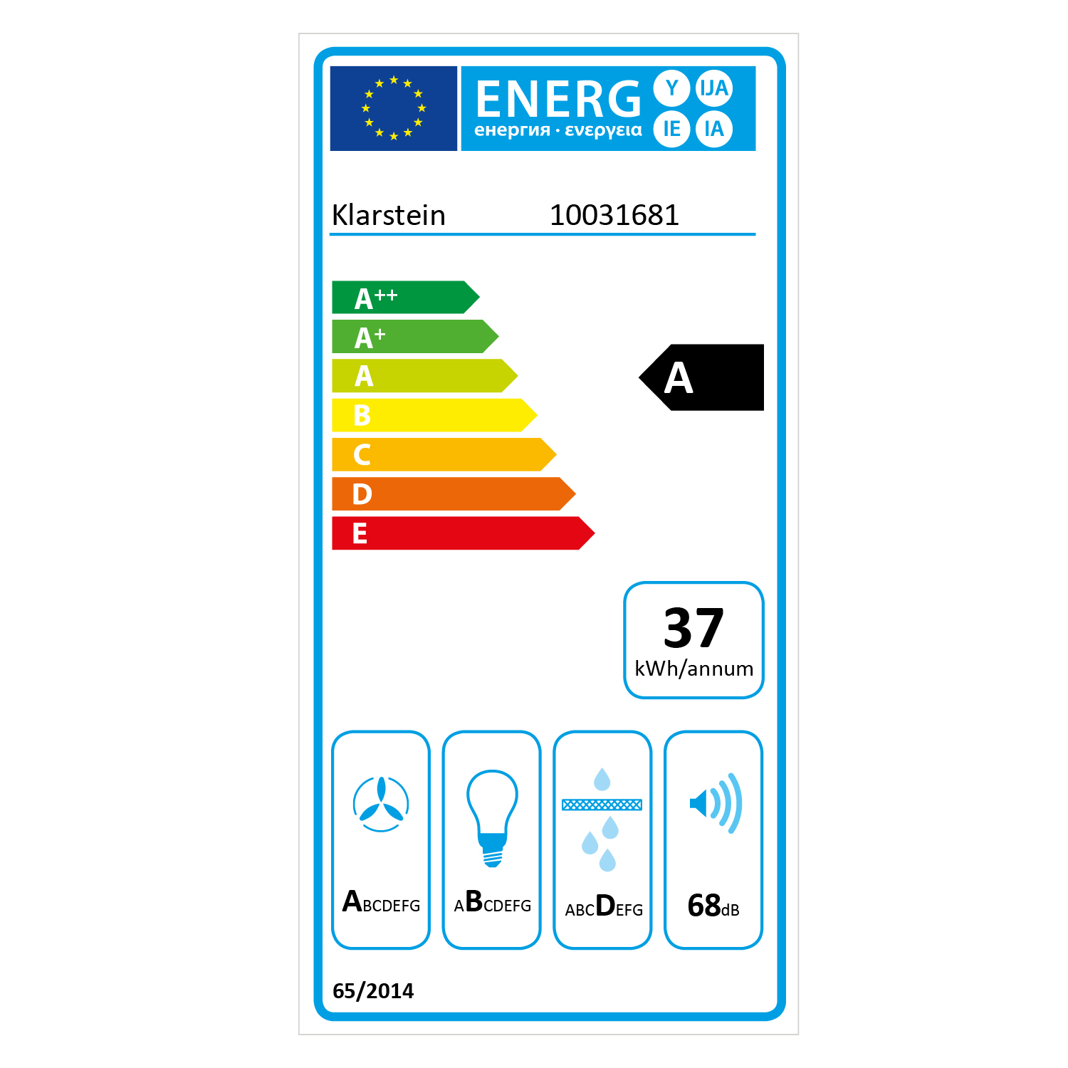 Etiqueta energética. Calificaciones de A++ a E. Texto: 37 kWh/año. Iconos: Ventilador, Bombilla, Agua, Sonido.