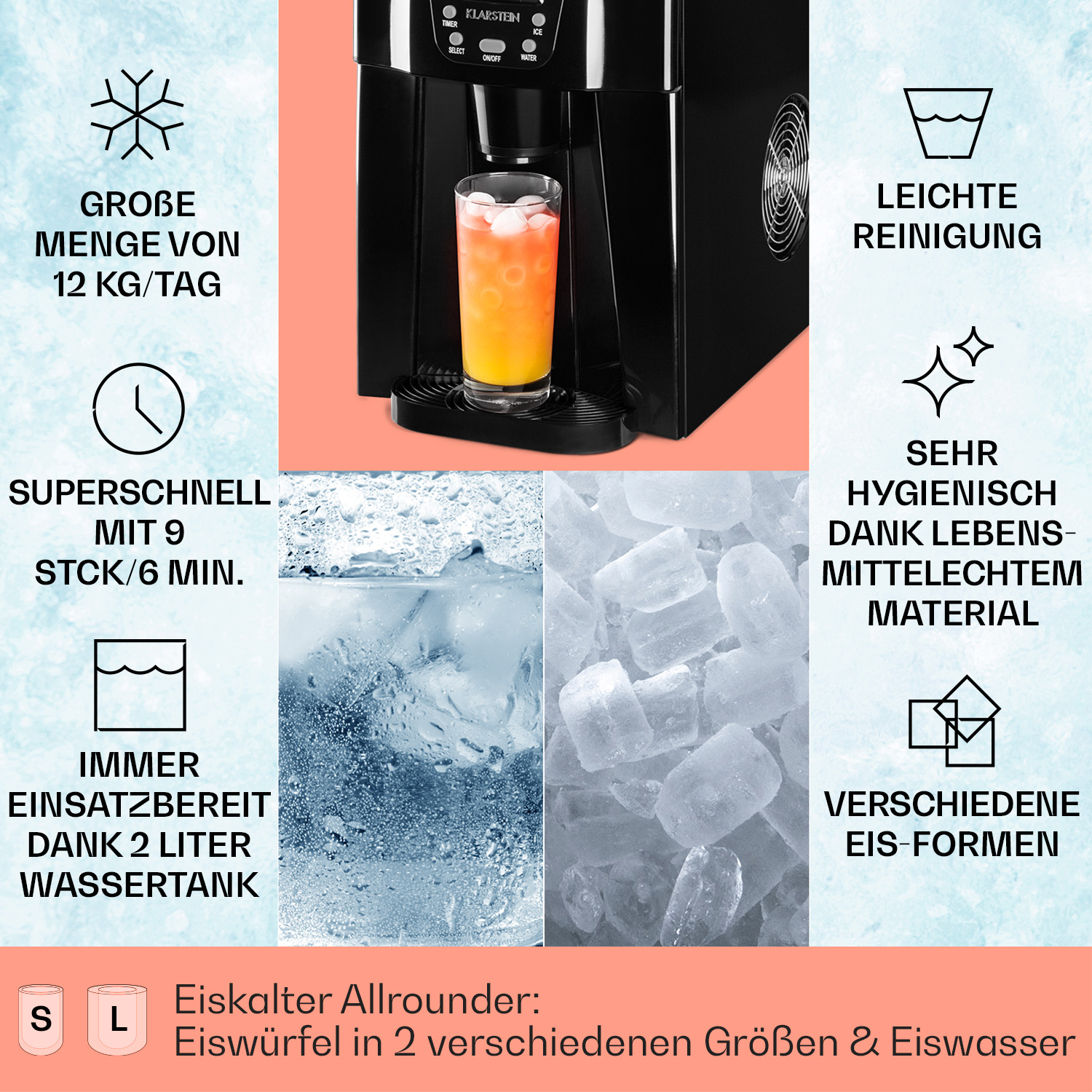 Schwarzer Eisbereiter mit einem Glas Getränk. Er hat mehrere Symbole und Text über die Eisproduktion.
