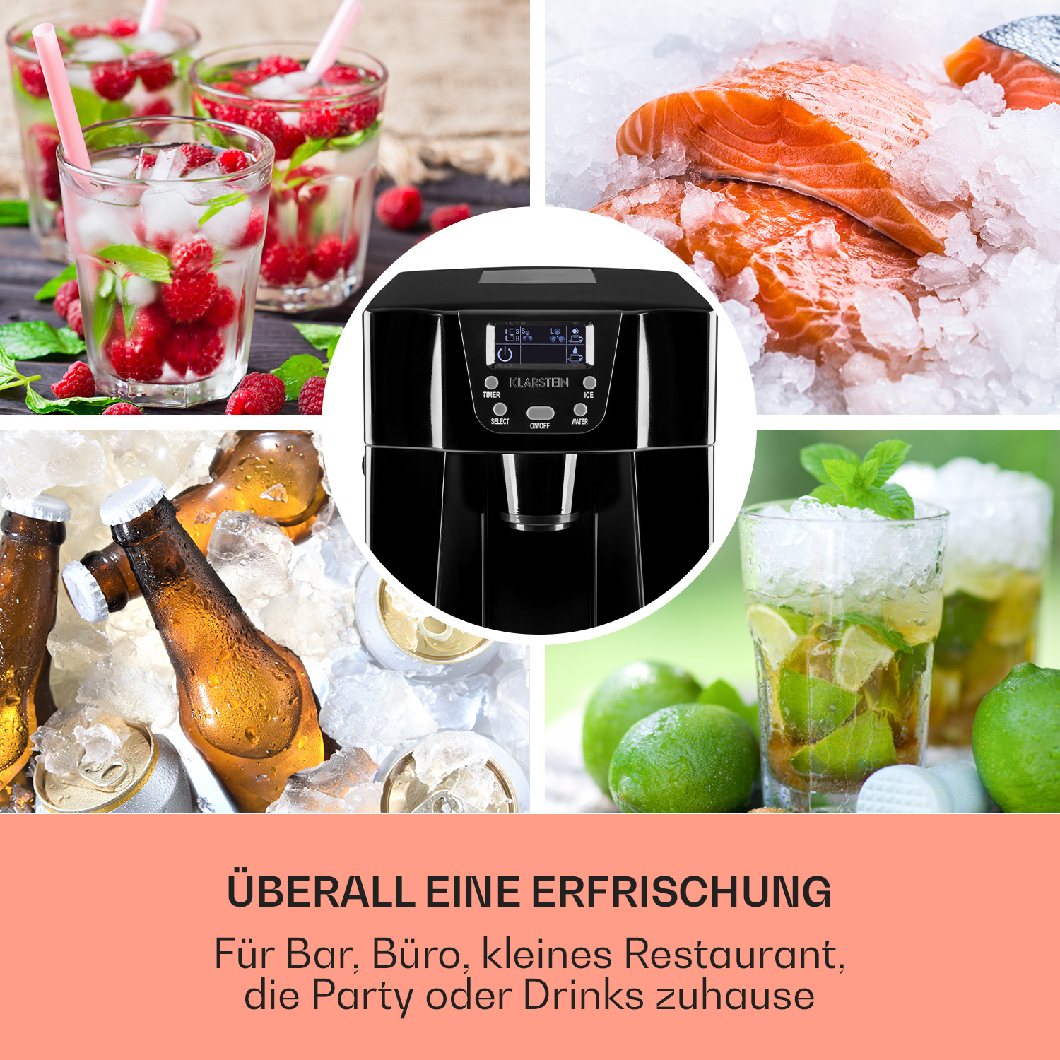 Schwarzer Mixer mit einem Glas rotem Saft und einem Schneidebrett auf einer Küchenzeile.