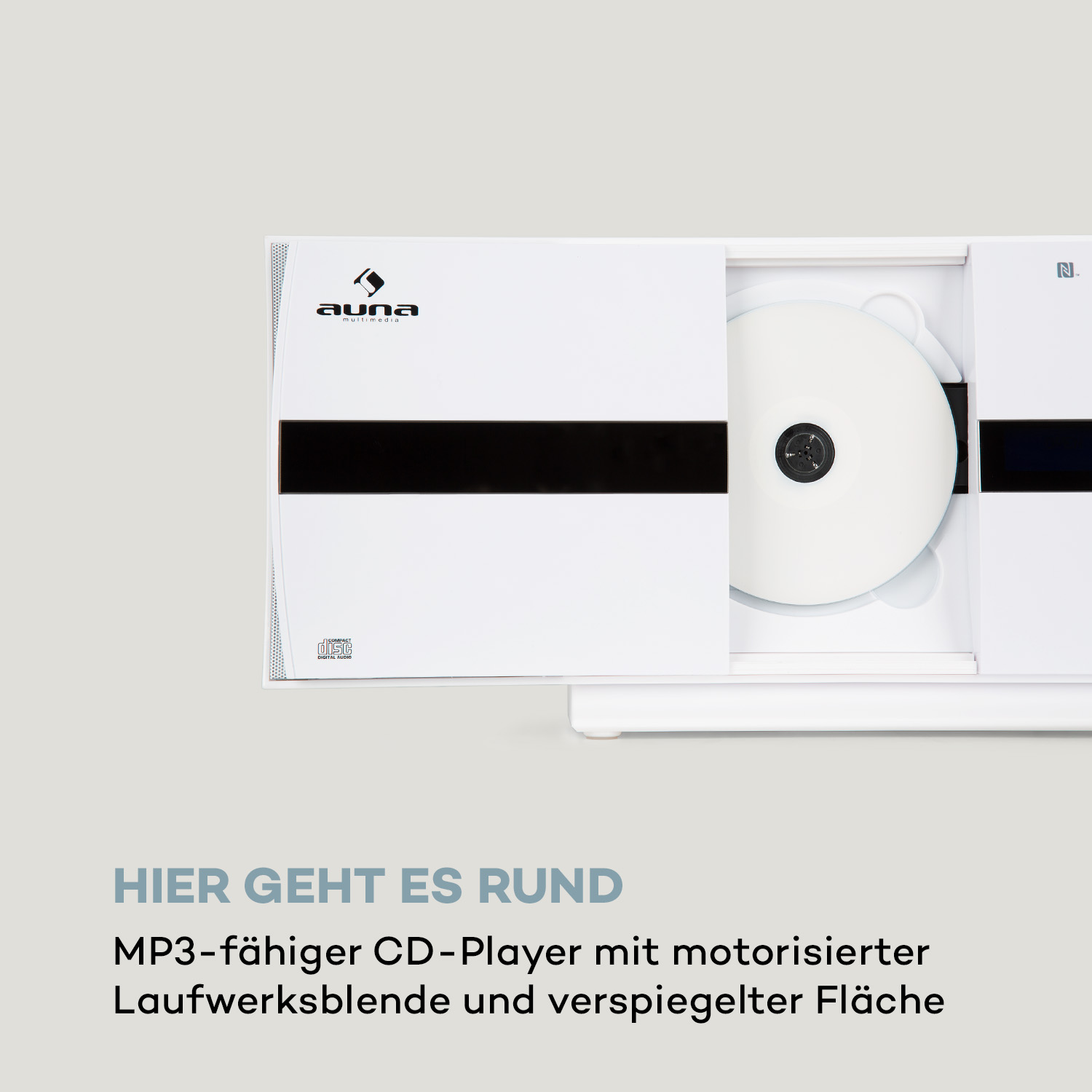 Weißer CD-Player mit einer Disc im Inneren und Text auf Deutsch.