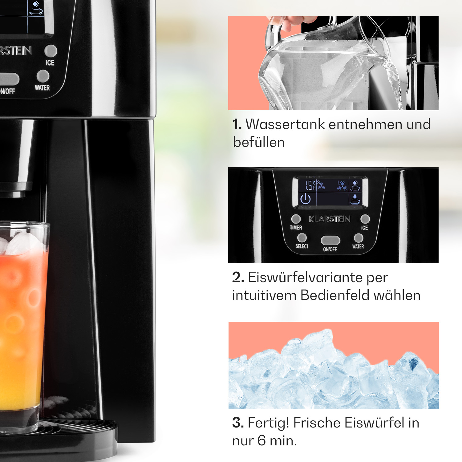 Eismaschine mit Wasserguss und Eiswürfeln. Schwarze Maschine, weißer Hintergrund, Anleitung.
