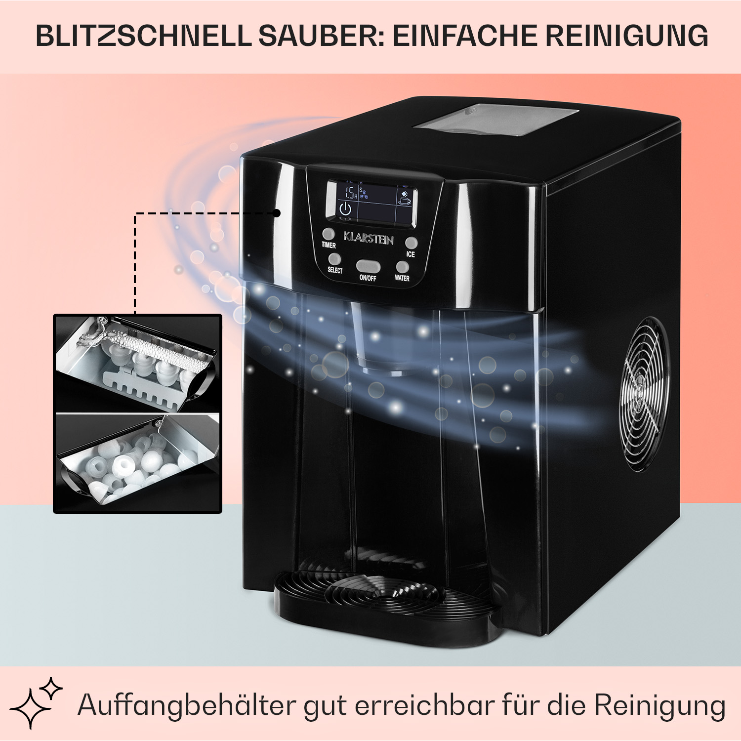 Schwarzer Eismaschine mit Eiswürfeln, mit Text über einfache Reinigung.