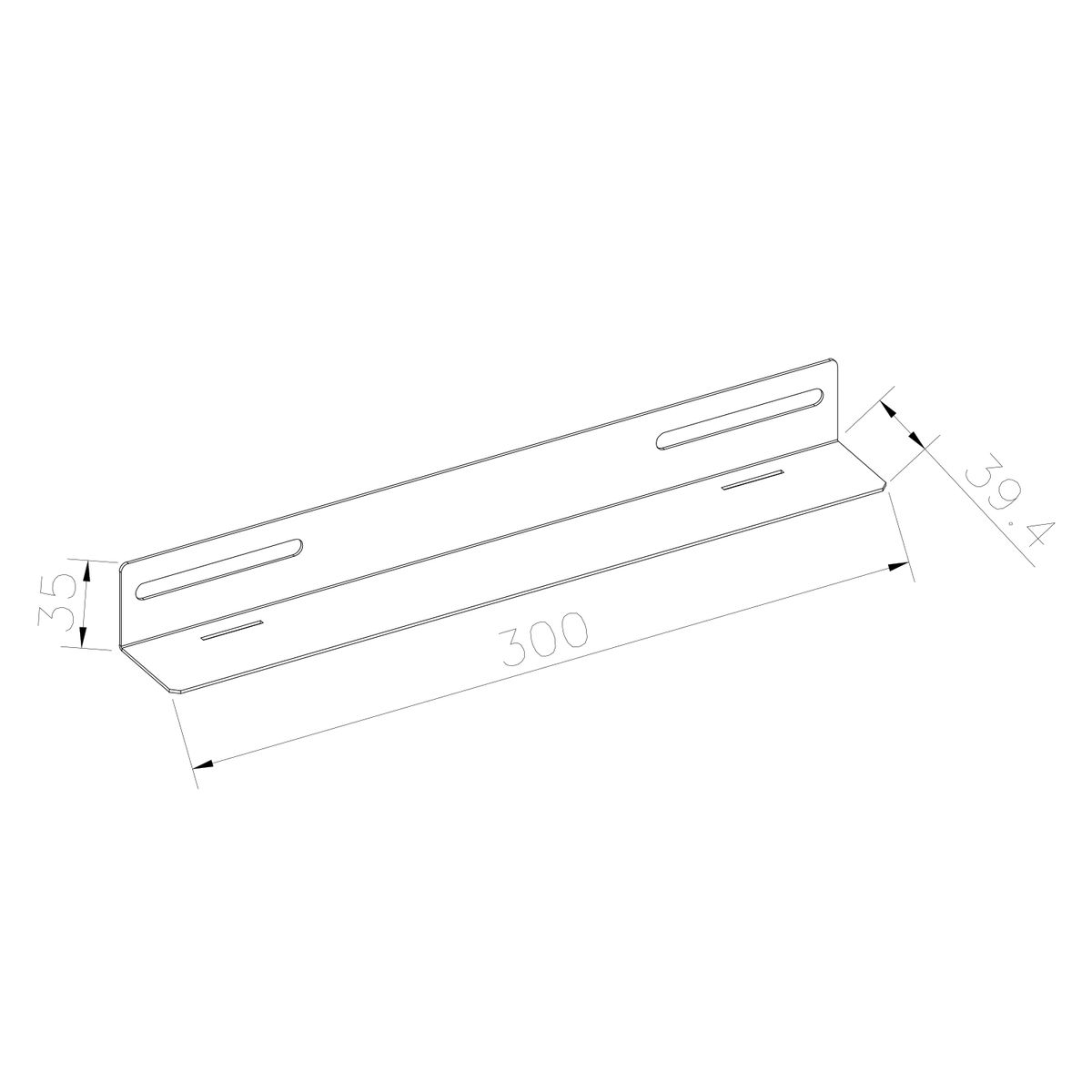 Una staffa metallica con dimensioni e uno stile di disegno tecnico.
