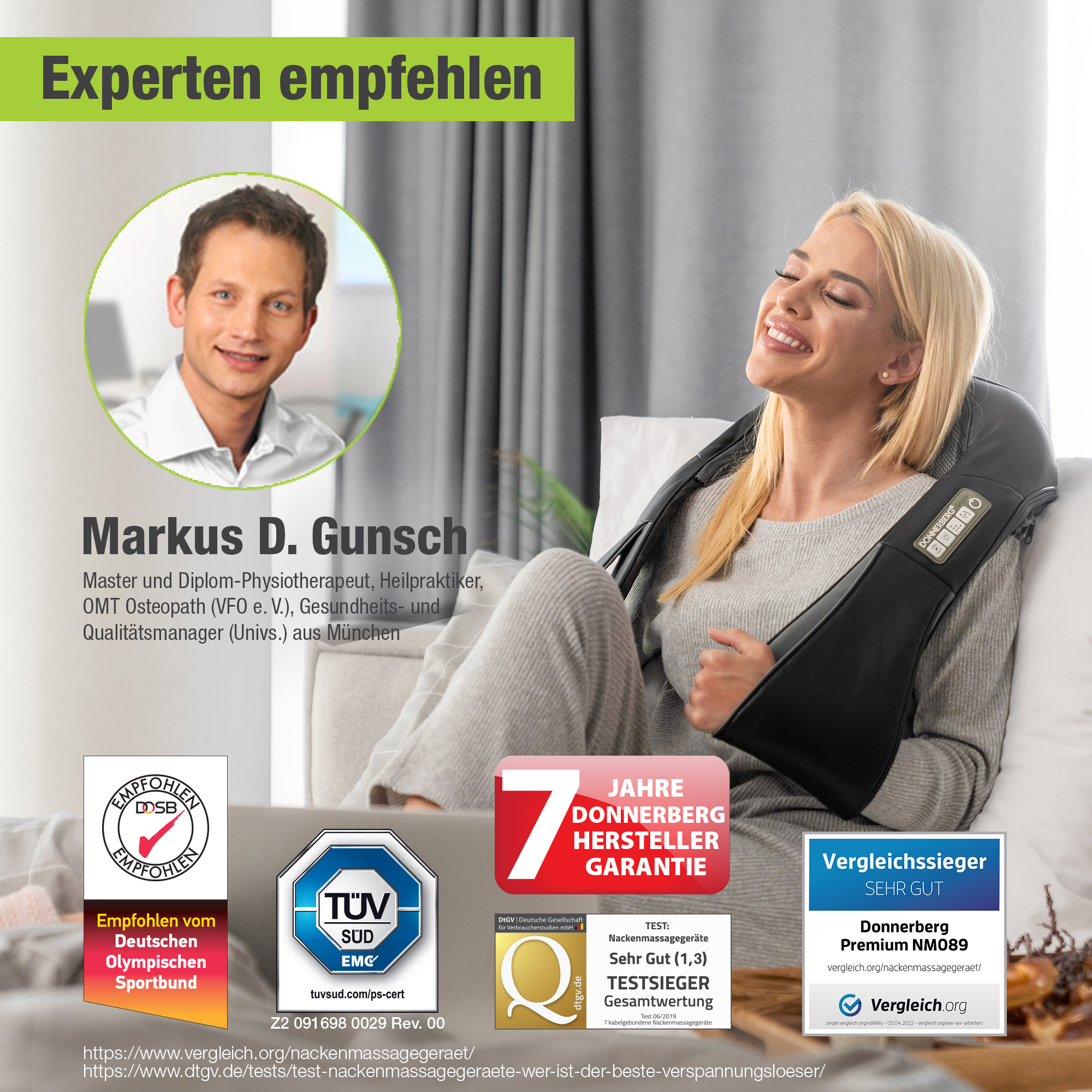 Frau mit Nackenmassagegerät. Logos und Text unten.