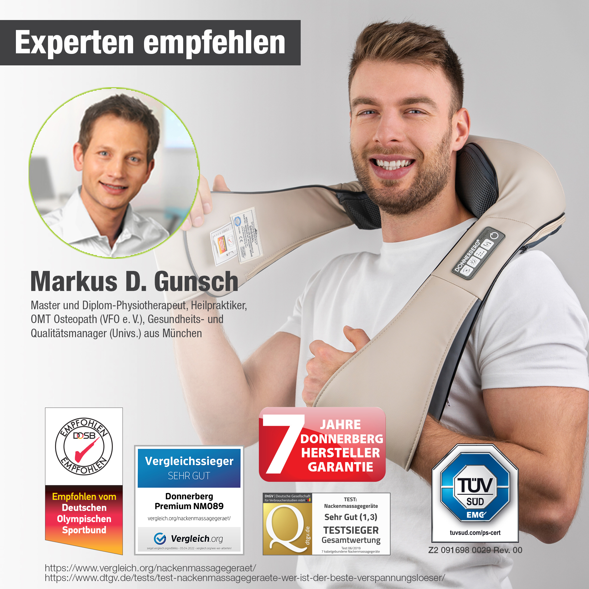 Ein Mann mit einem Massagegerät um den Hals, lächelnd, mit Text und Logos.