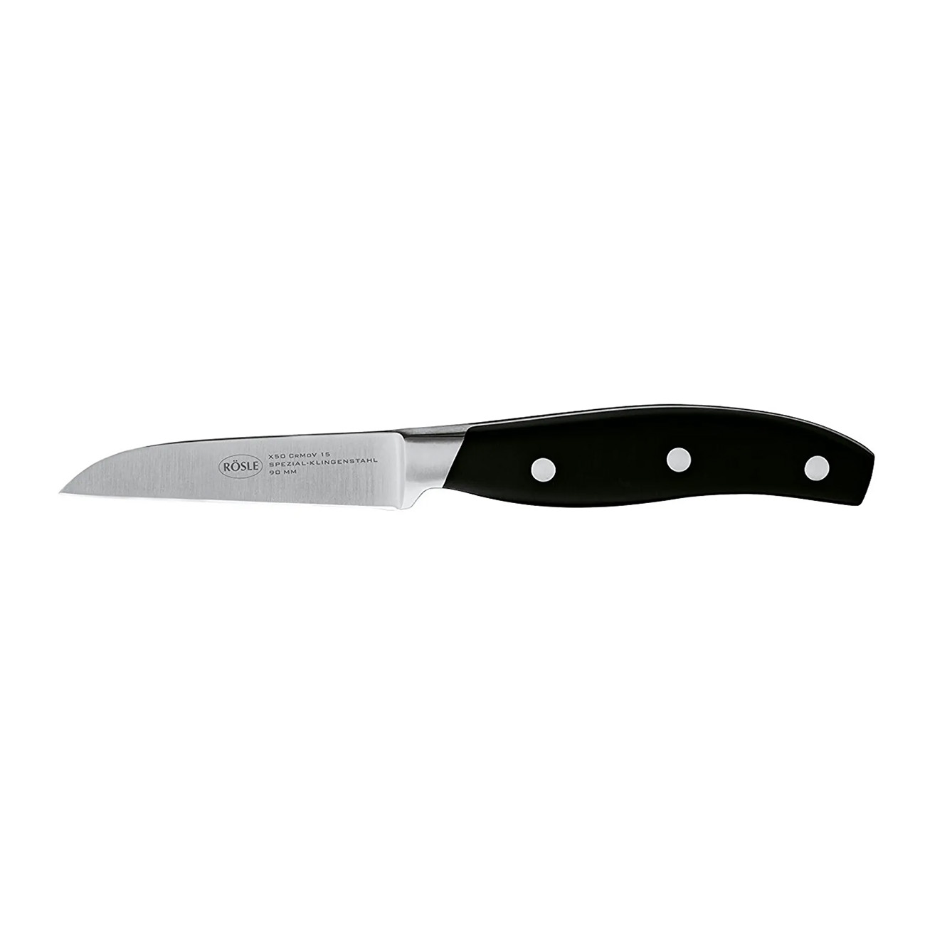 Kleines schwarzes Messer mit silberner Klinge und schwarzem Griff. Marke 'RÖSLE' sichtbar.