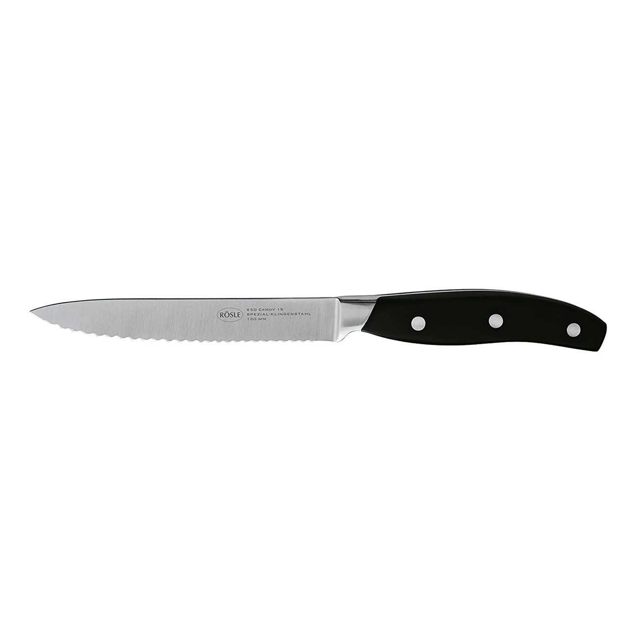 Coltello da bistecca seghettato con manico nero, lama in acciaio inox.