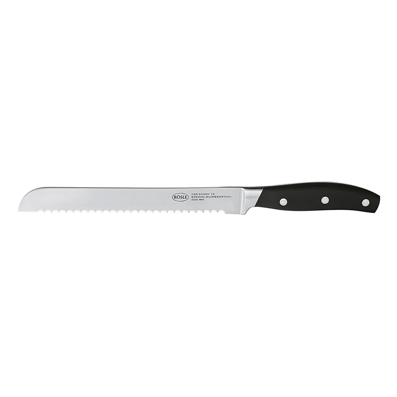Coltello da pane con manico nero, lama seghettata e logo.