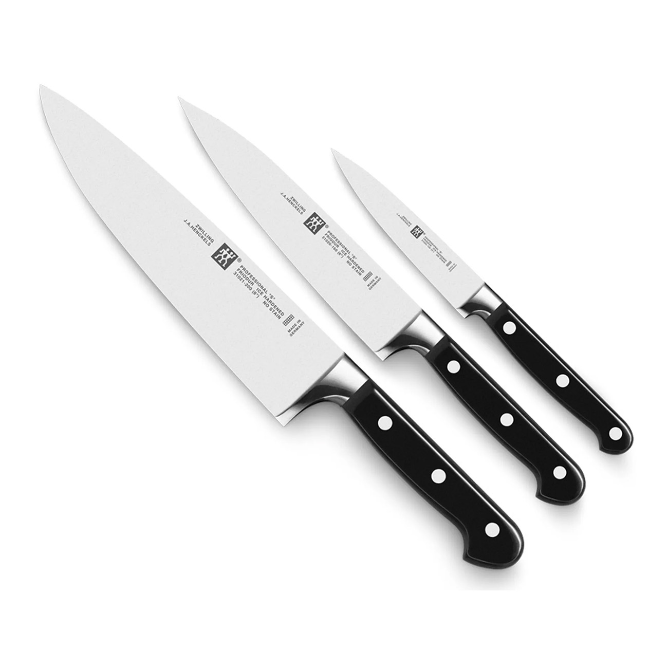 Trzy noże z czarnymi uchwytami i srebrnymi ostrzami na białej powierzchni.