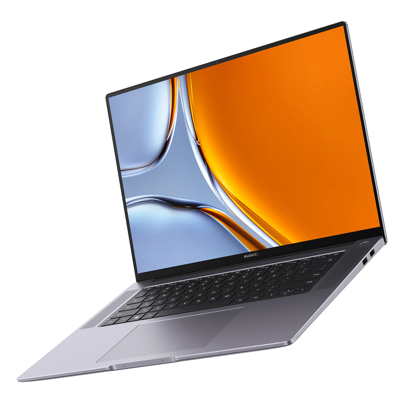 Laptop mit silbernem Finish und orangefarbenem Bildschirm. In einem Winkel auf weißem Grund.