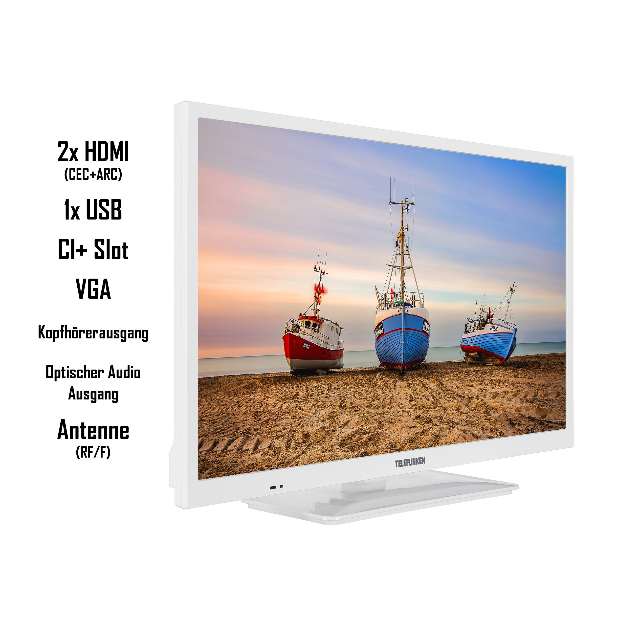 Weißer Fernsehbildschirm mit drei Booten am Strand. Text auf dem Bildschirm: 2x HDMI, 1x USB, CI+ Slot, VGA, Antenne.