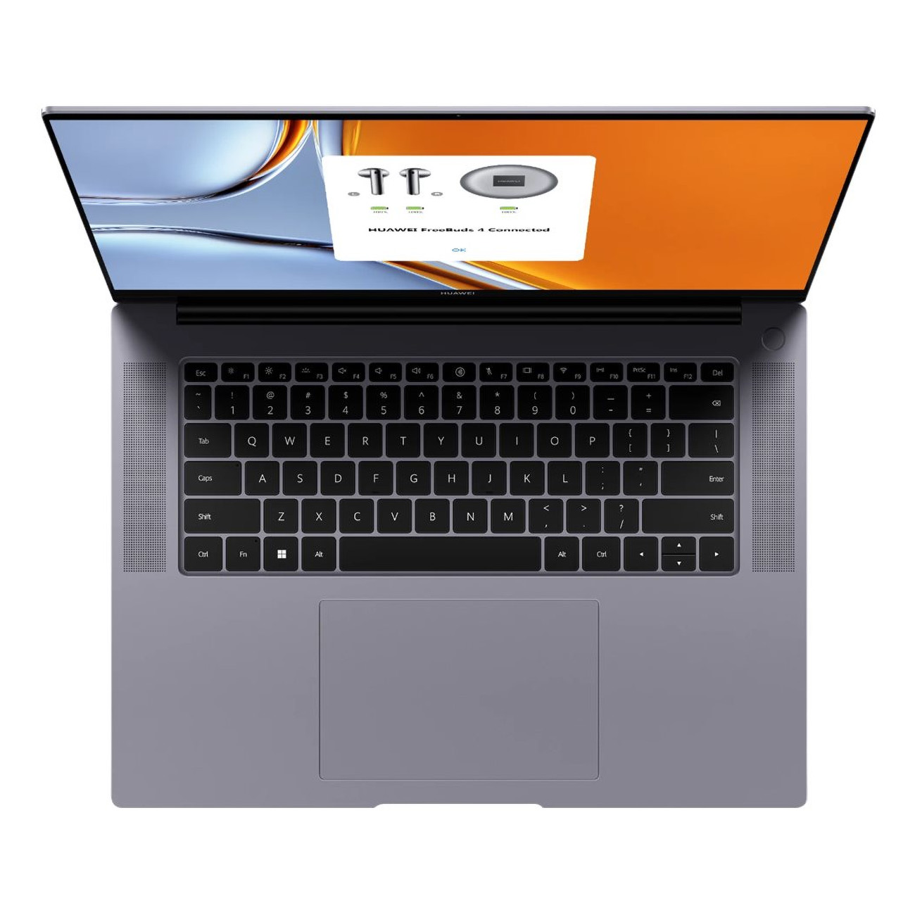 Ein Laptop mit Tastatur und Bildschirm, der verbundene Ohrhörer zeigt.