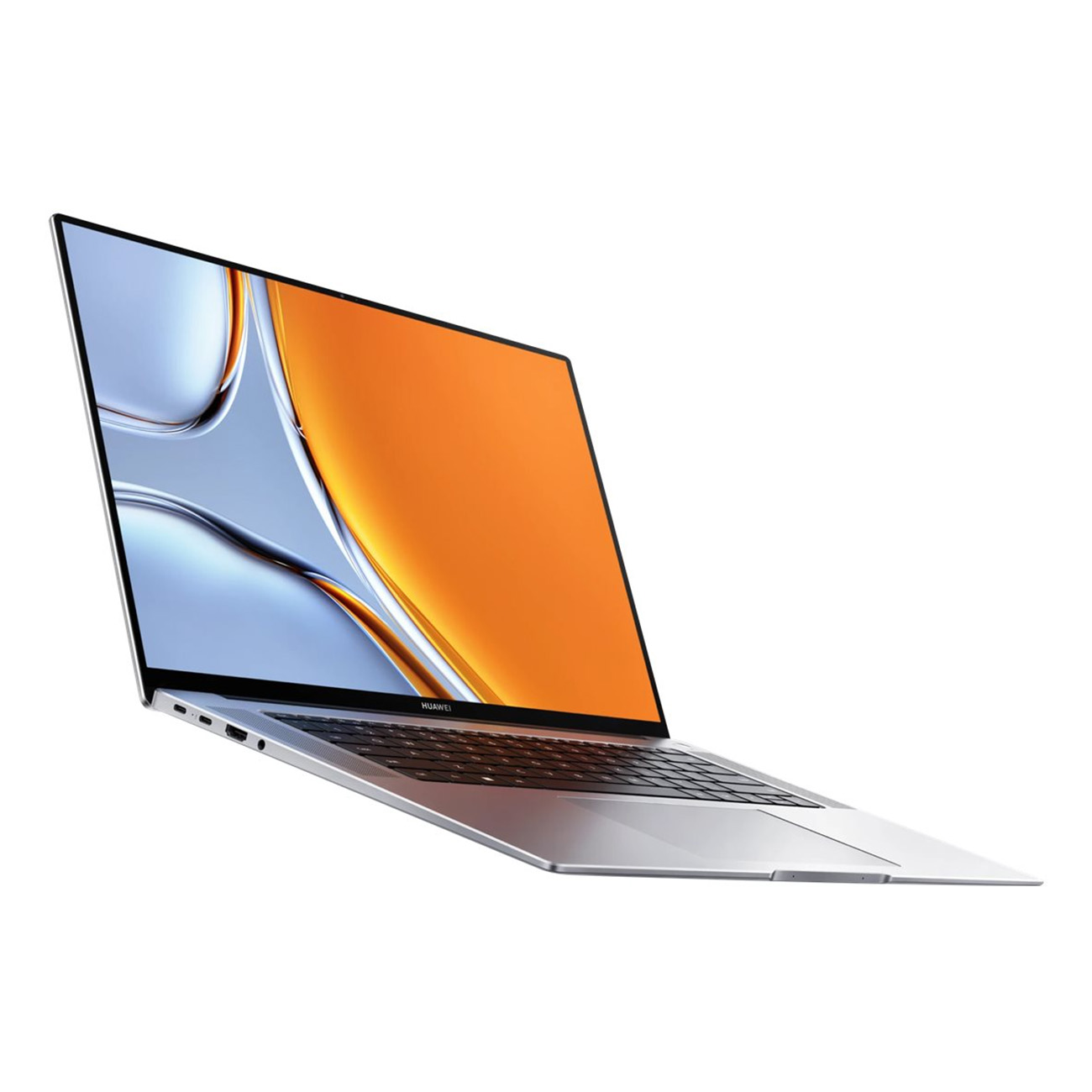 Silberner Laptop mit orangefarbenem Bildschirm auf weißem Hintergrund.