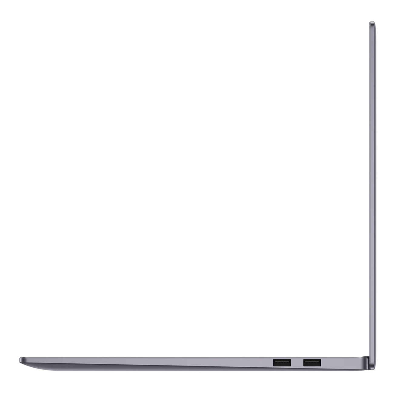 Seitenansicht eines silbernen Laptops. Hat zwei USB-Anschlüsse an der Seite. Der Hintergrund ist weiß.
