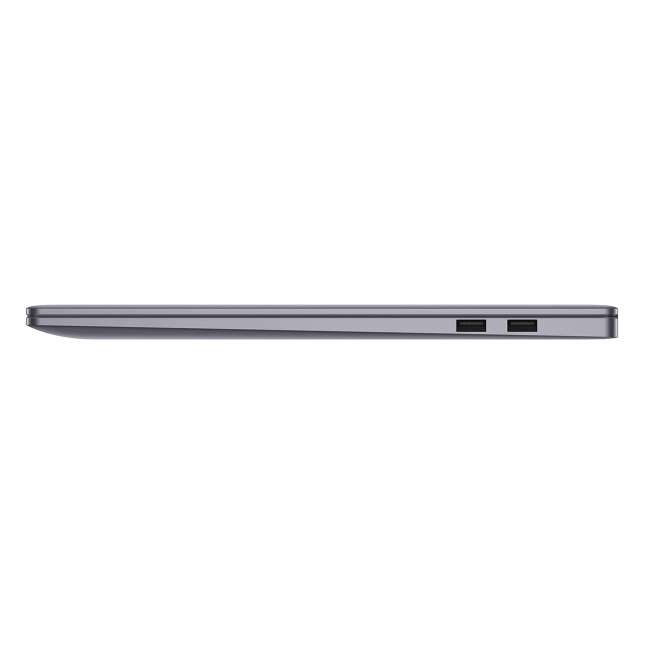 Seitenansicht eines geschlossenen grauen Laptops mit zwei sichtbaren USB-Anschlüssen.