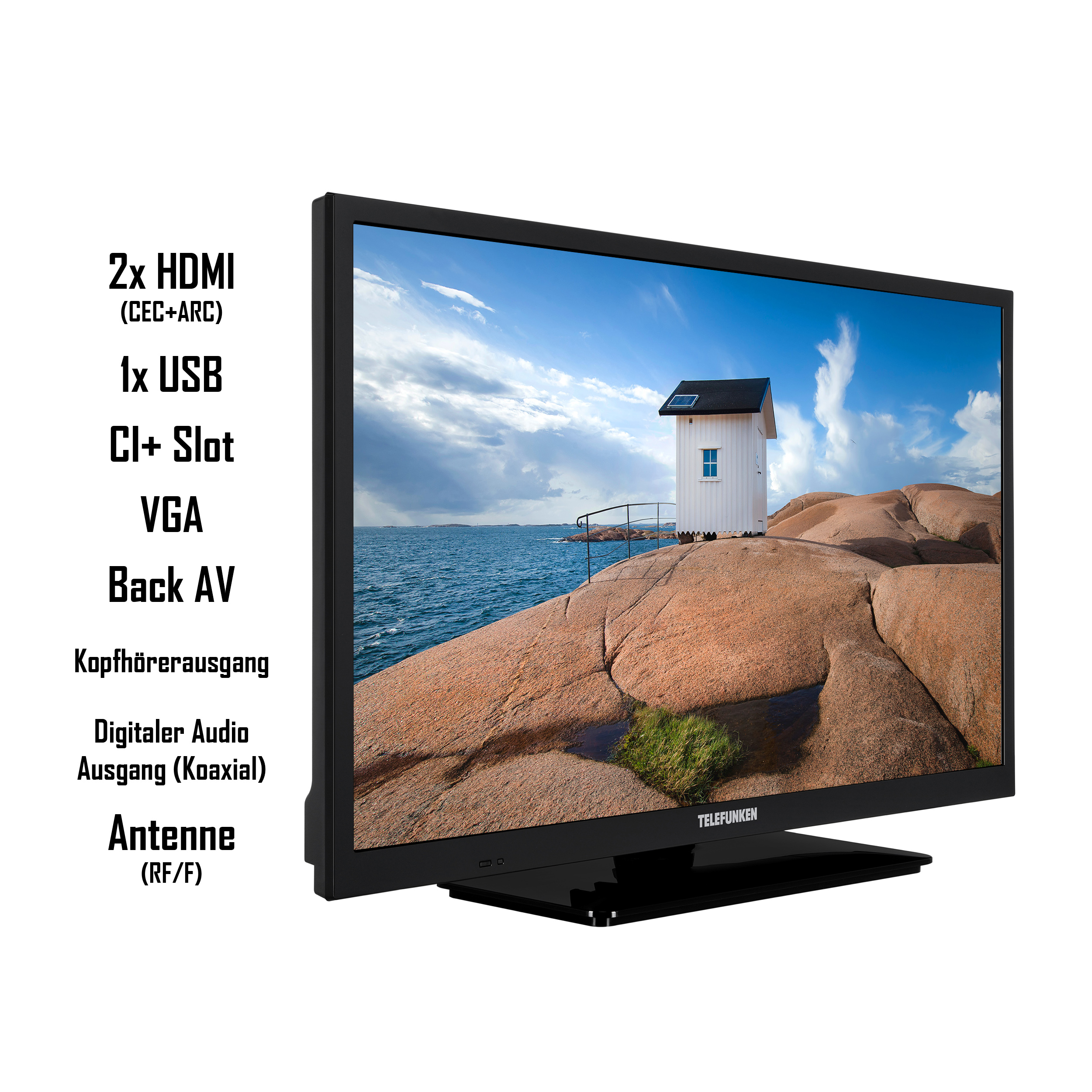 Schwarzer Fernseher mit Textkennzeichnungen der Eingänge. Der Fernseher steht vor einer Meereslandschaft.