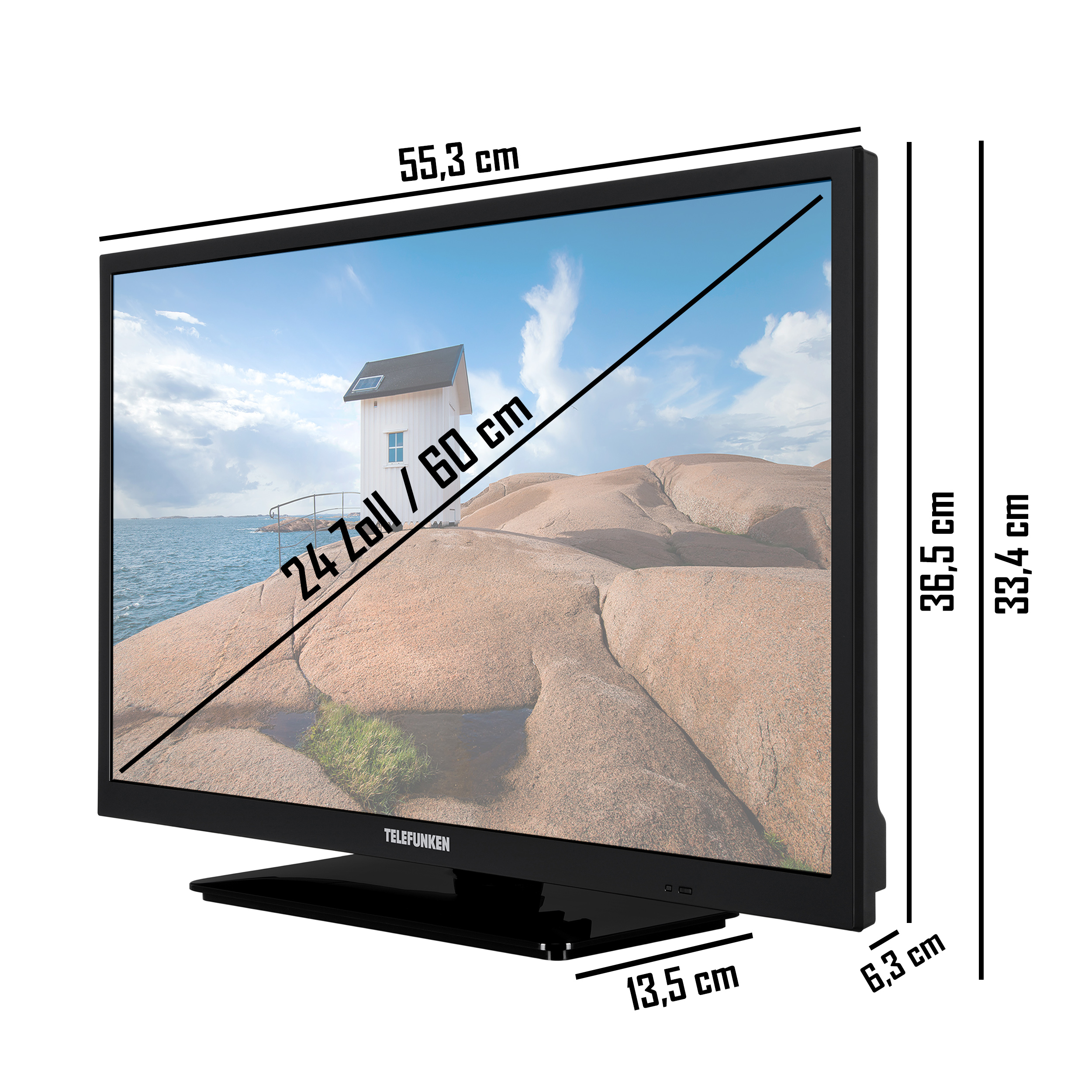 Schwarzer Fernseher mit Maßen: 24 Zoll/60cm, 55,3cm breit, 36,5cm hoch.