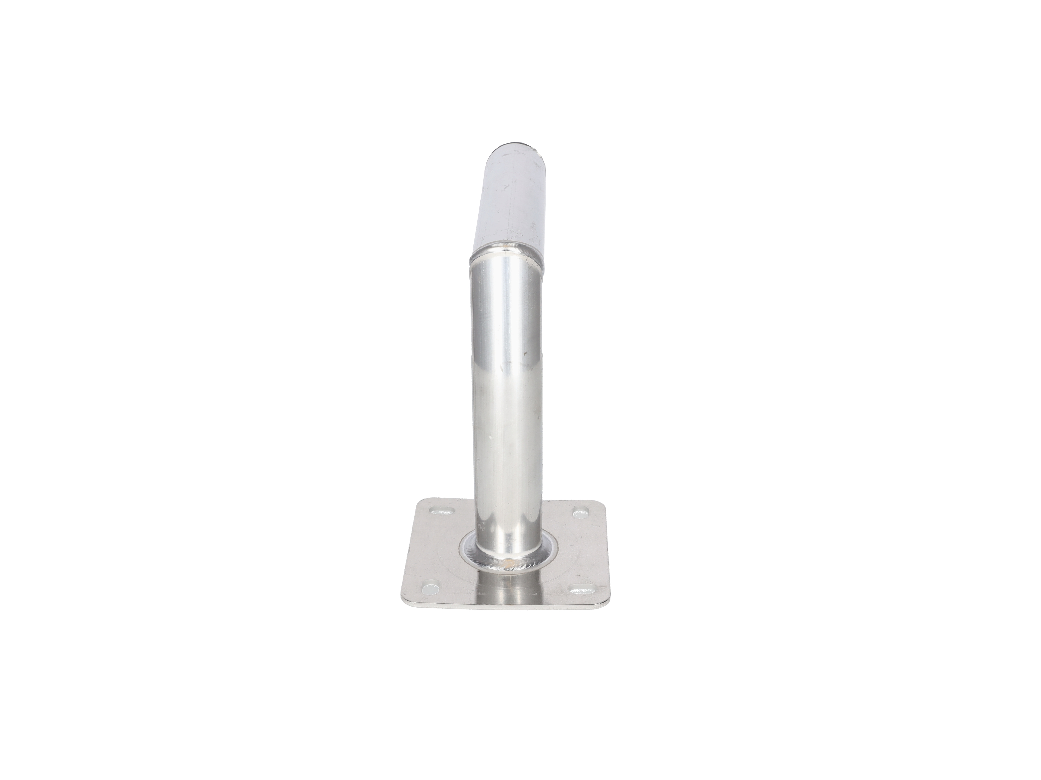 Metallisch silberfarbene Metallstange mit quadratischer Basis. Die Stange ist zylindrisch, die Basis hat Löcher zur Montage.