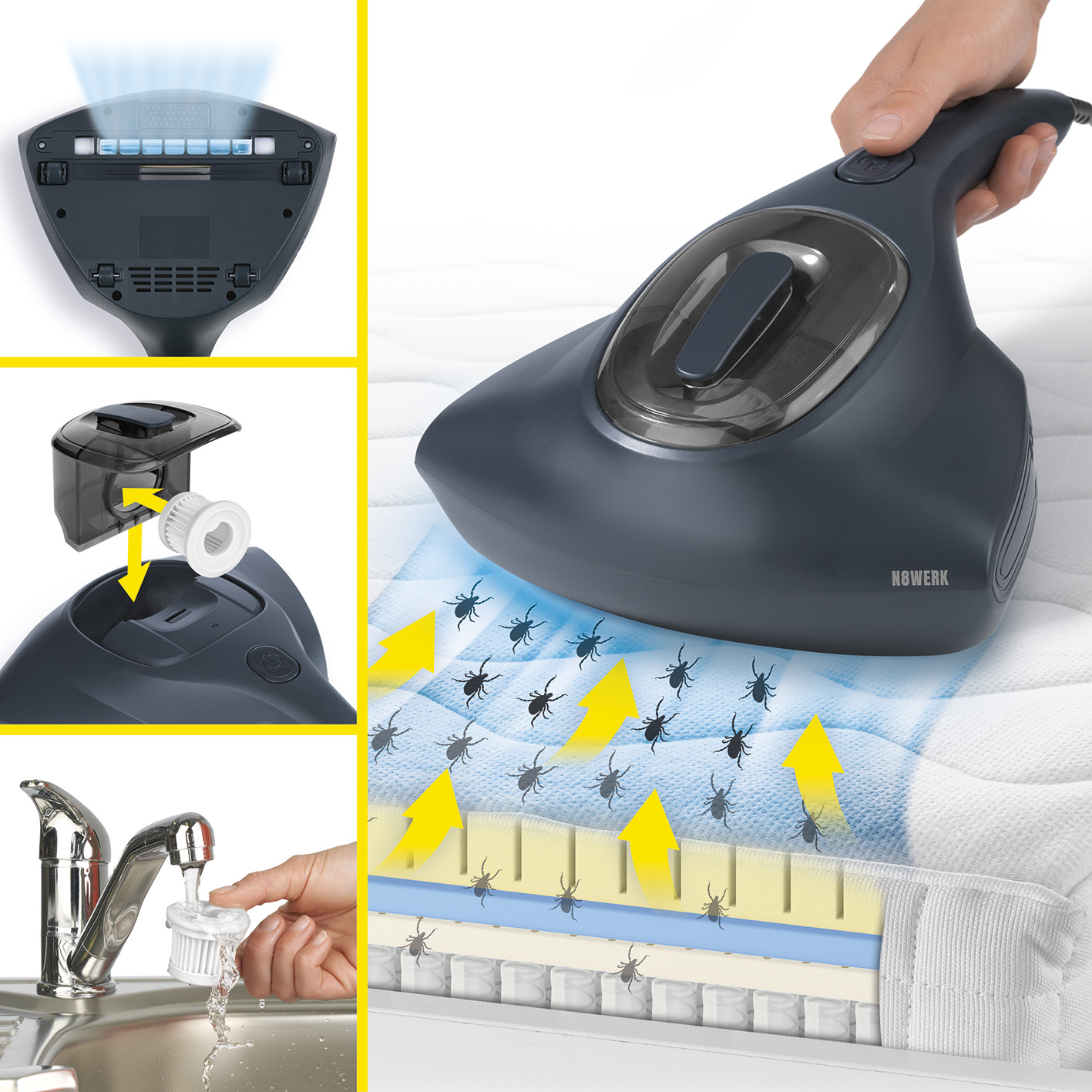 Staubsauger mit verschiedenen Teilen und Diagrammen des Reinigungsprozesses. Auf weißer Matratze.
