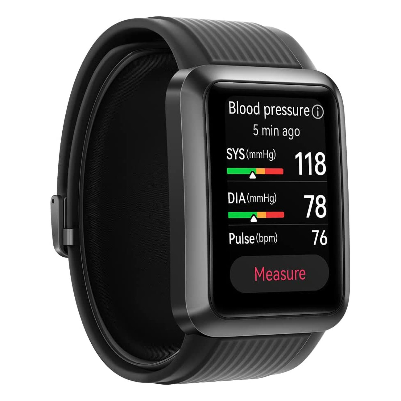 Schwarze Smartwatch, die Blutdruck, SYS, DIA und Pulswerte anzeigt.