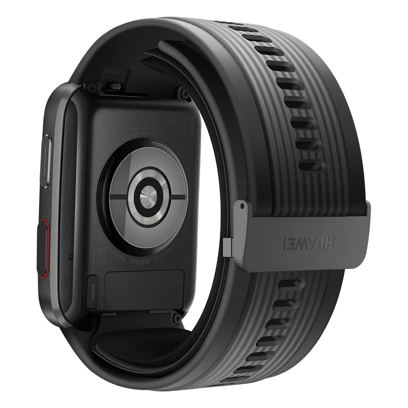 Schwarze Smartwatch mit schwarzem Armband auf weißem Hintergrund. Die Rückseite der Uhr ist sichtbar.