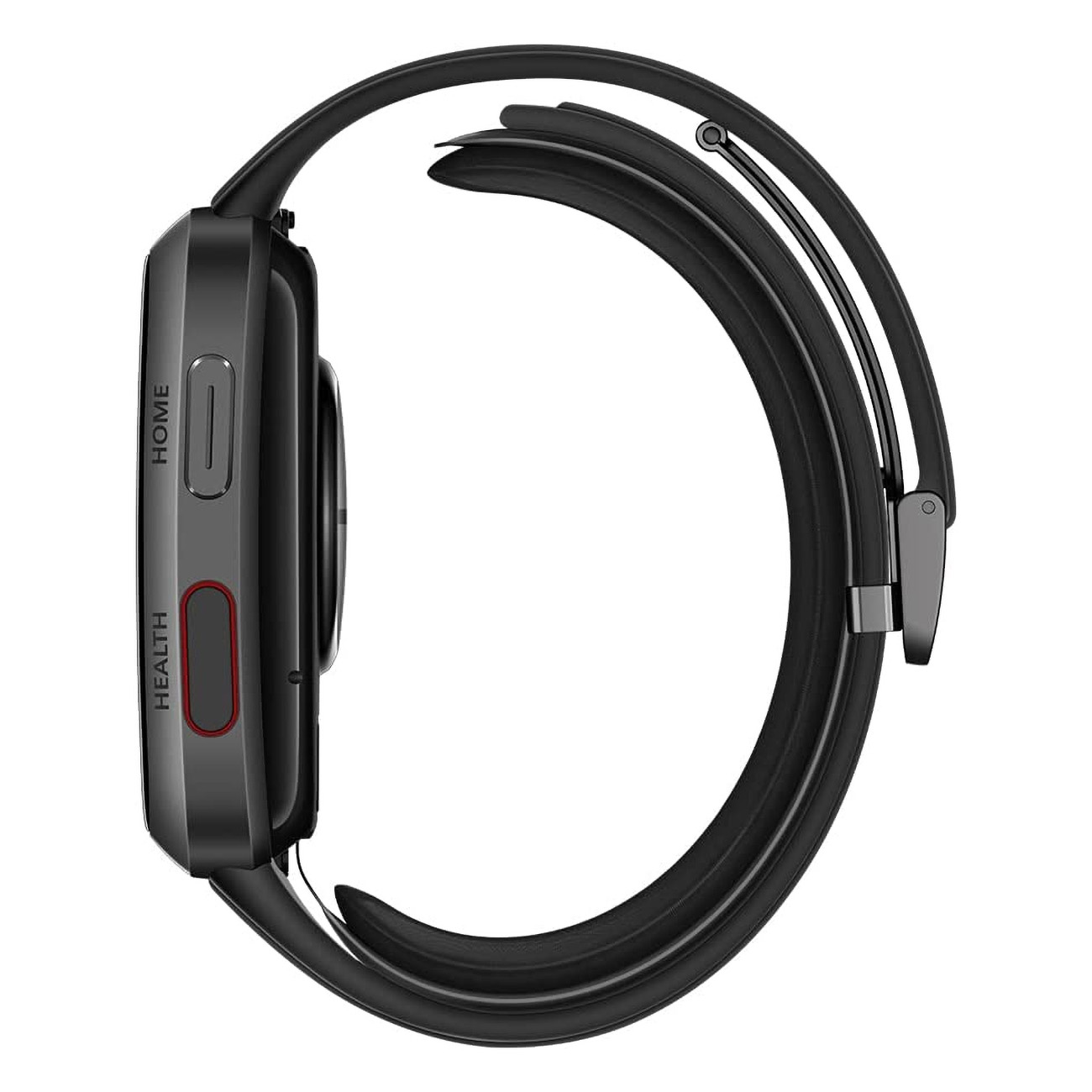 Seitenansicht einer schwarzen Smartwatch mit schwarzem Armband und zwei Seitentasten.