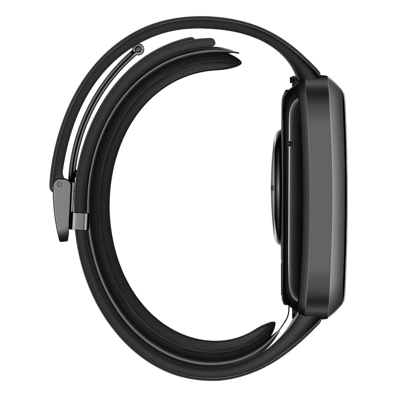 Schwarze Smartwatch mit schwarzem Armband, von der Seite betrachtet. Das Armband ist flexibel.