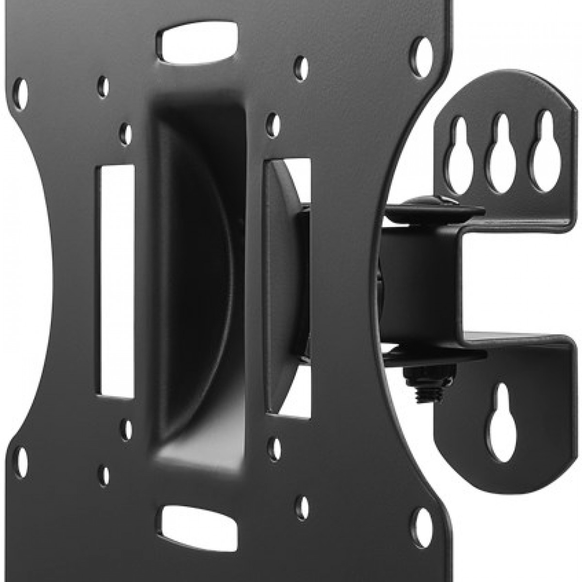 Schwarze Metall-Wandhalterung mit Schrauben. Weißer Hintergrund.