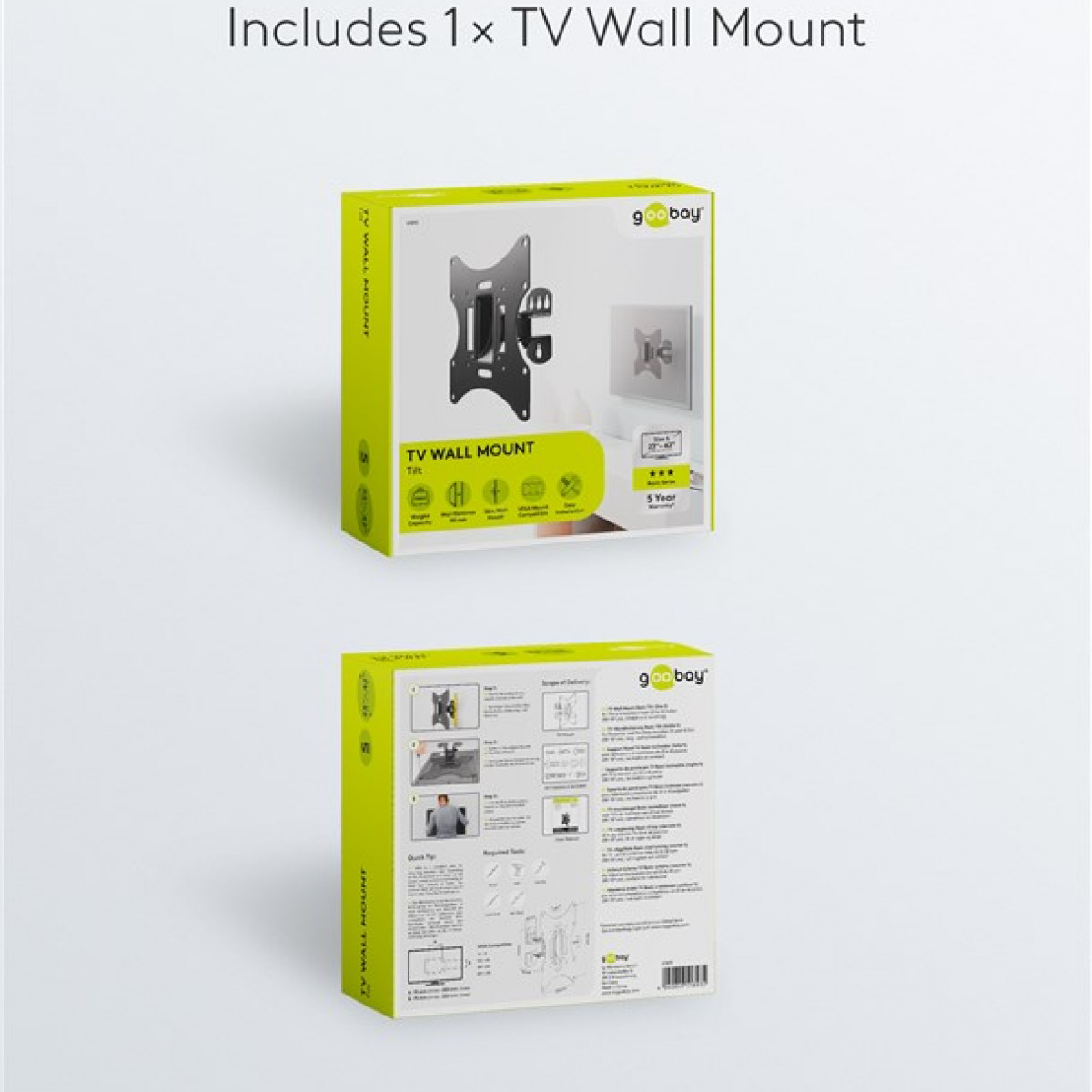 Zwei Kartons zeigen eine TV-Wandhalterung. Anweisungen und Funktionen werden angezeigt.