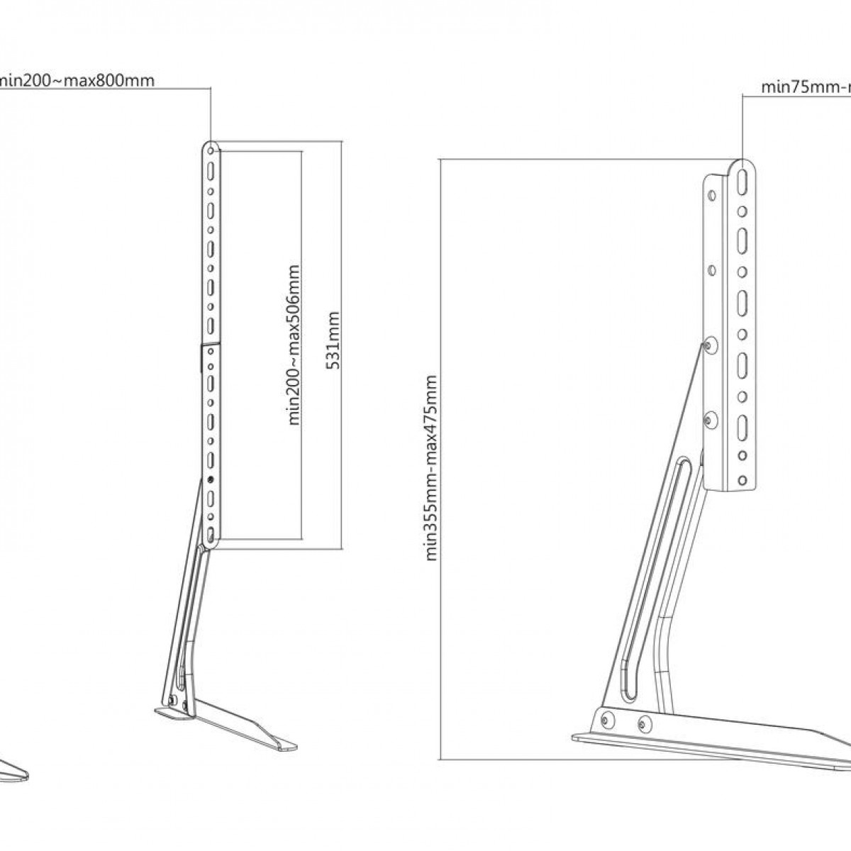 Technische Zeichnung einer TV-Halterung mit Maßen. Enthält Abmessungen und Designdetails.