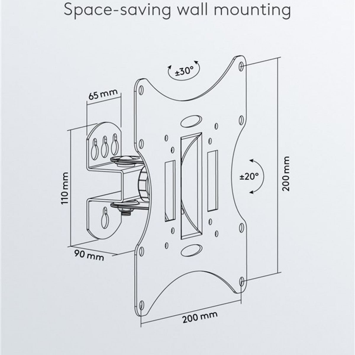Diagramm einer Wandhalterung, mit angegebenen Abmessungen und Winkeln.