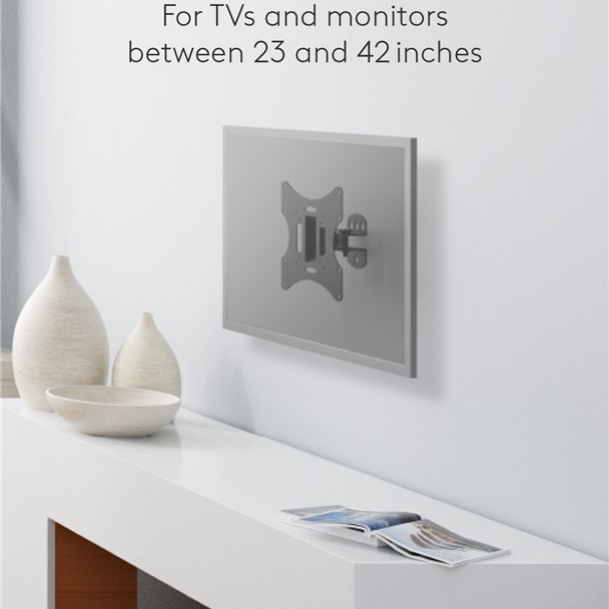 Eine TV-Halterung an einer Wand mit dem Text „Für Fernseher und Monitore zwischen 23 und 42 Zoll“.
