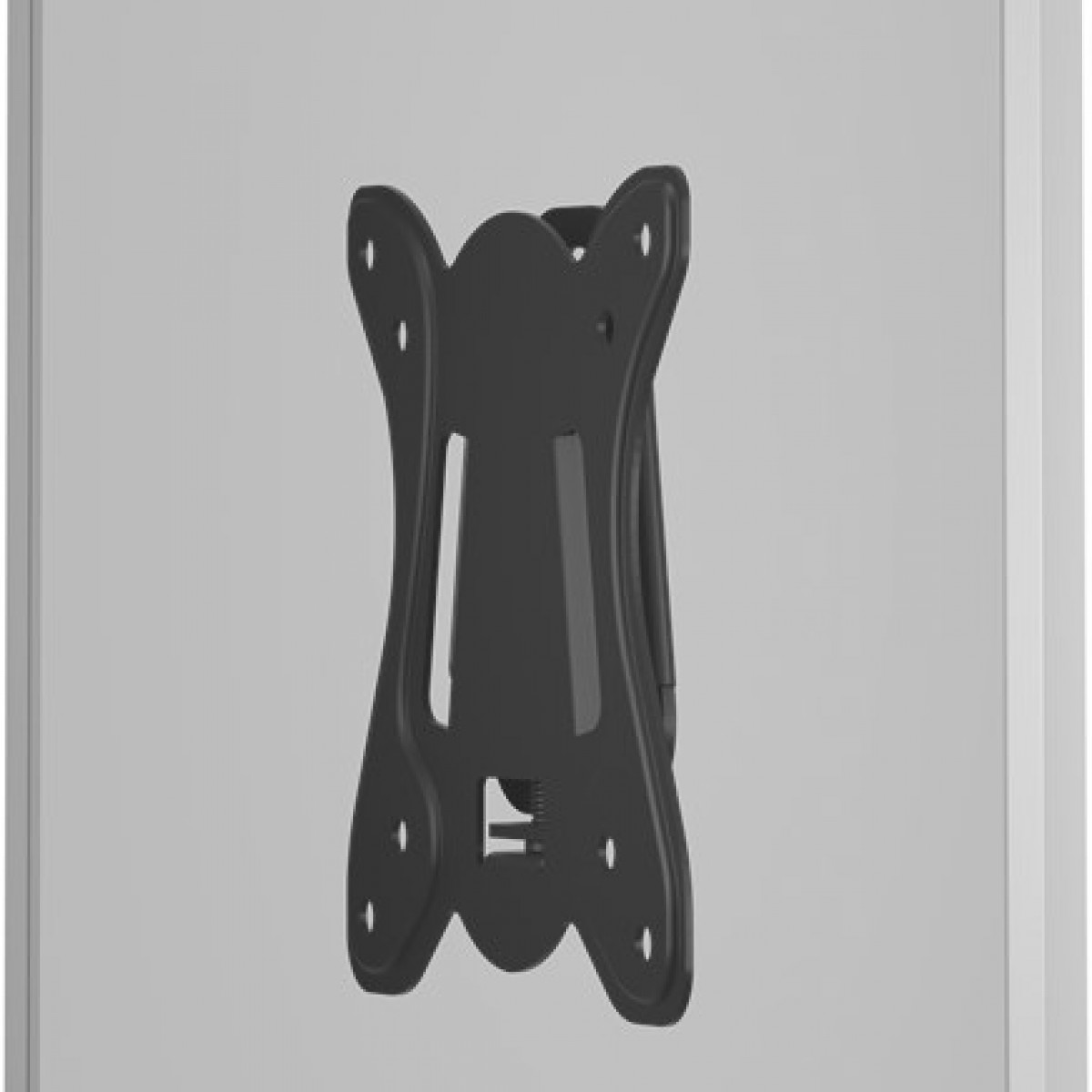 Schwarze Wandhalterung. Es hat Löcher und ein geschwungenes Design.