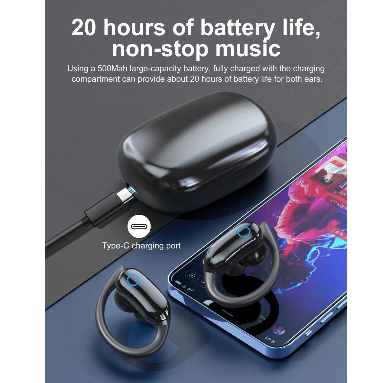 Czarne słuchawki z etui ładującym i telefonem. U góry tekst o żywotności baterii.