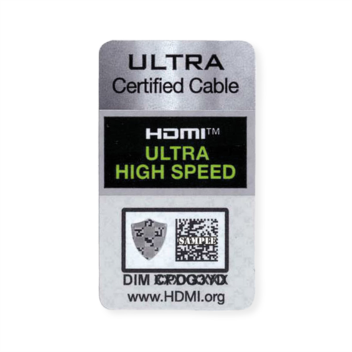HDMI Ultra High Speed kabelsticker. Witte achtergrond met zwarte en grijze tekst en een voorbeeldcode.