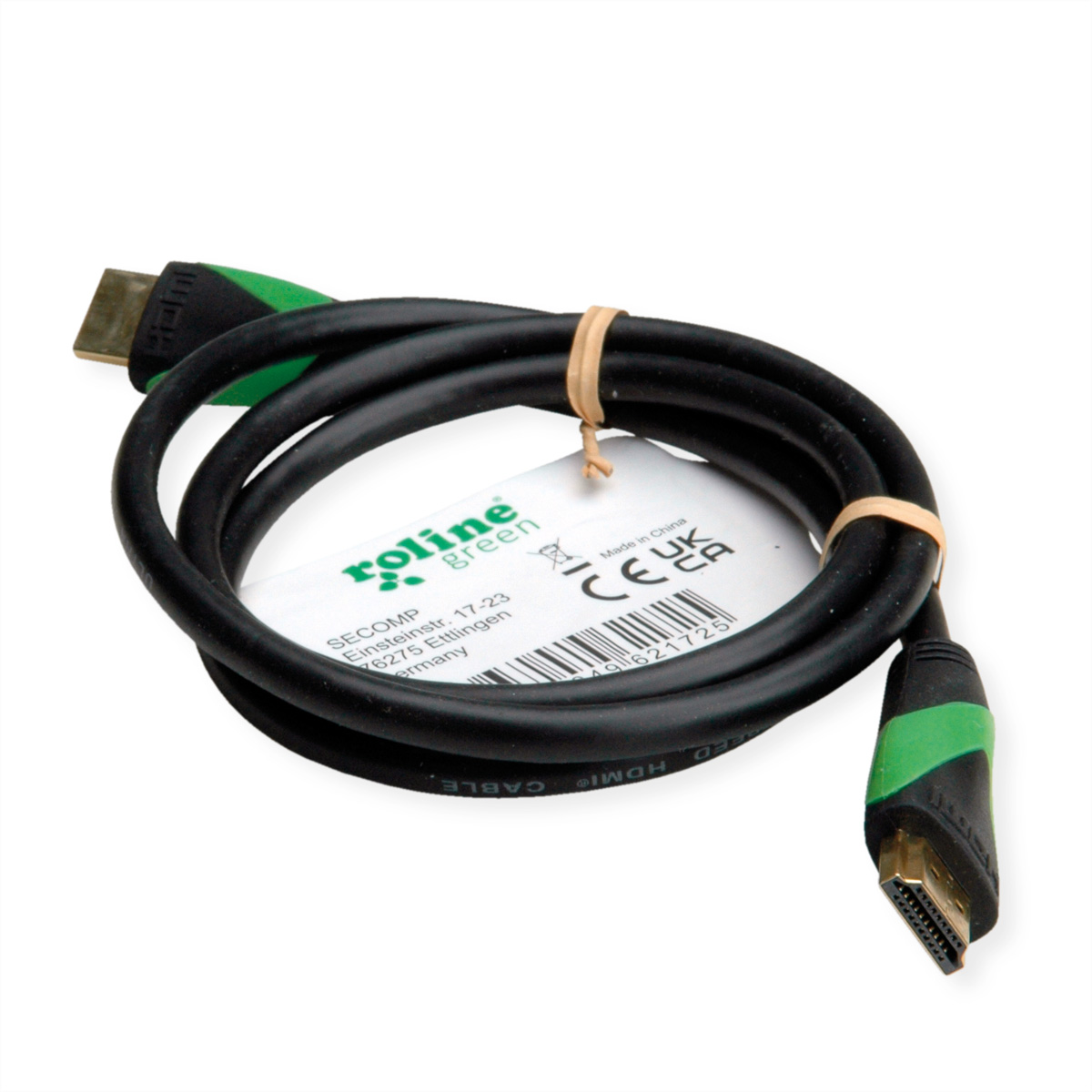 Zwarte HDMI-kabel met groene accenten, opgerold op een wit oppervlak, met een productlabel.