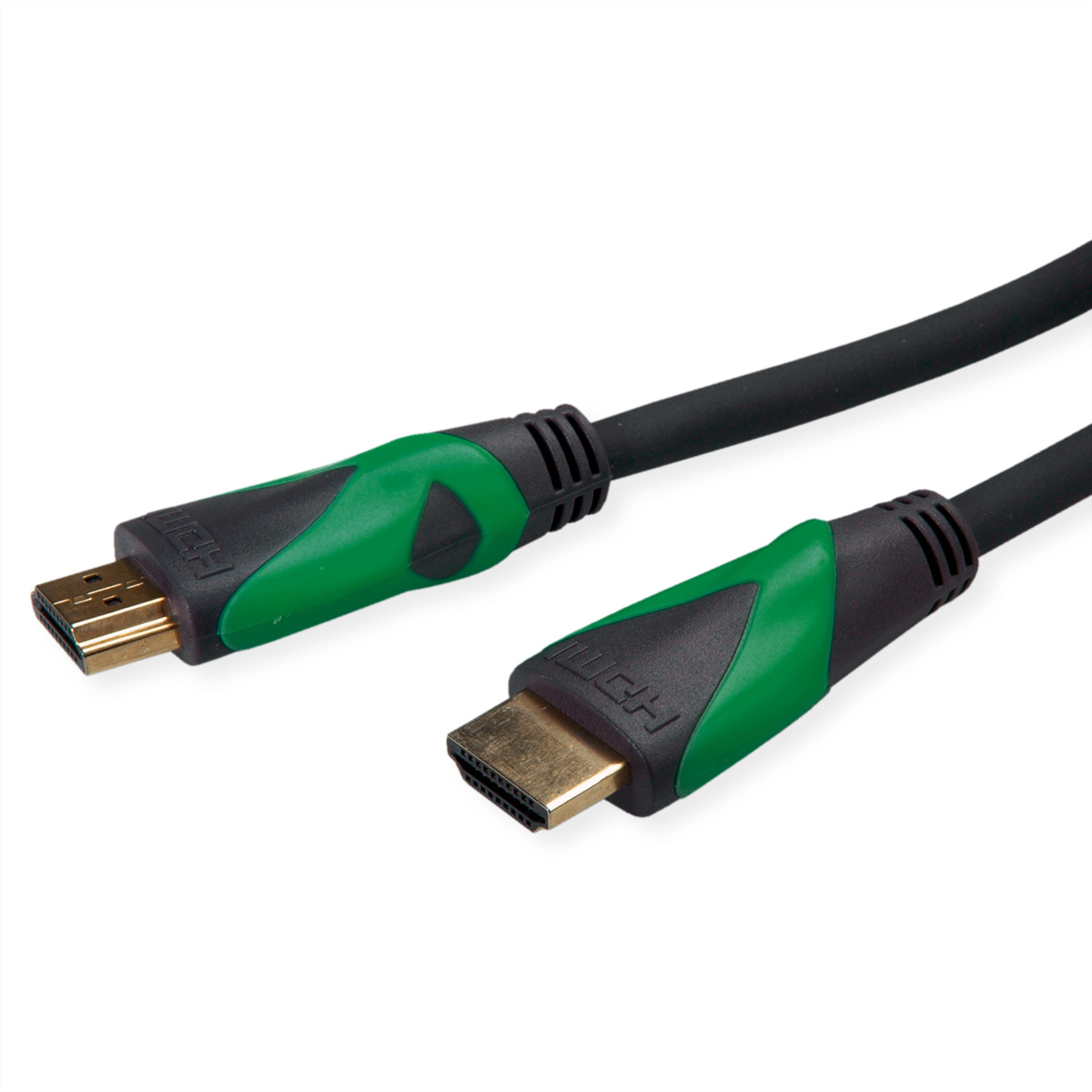 HDMI-kabel met zwarte en groene connectoren. Goudkleurige pinnen zichtbaar.