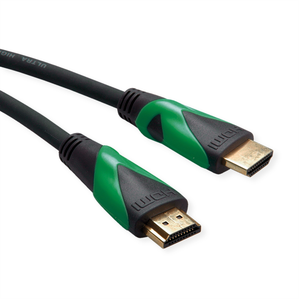 Twee HDMI-kabels met groene en zwarte connectoren, op een witte achtergrond.