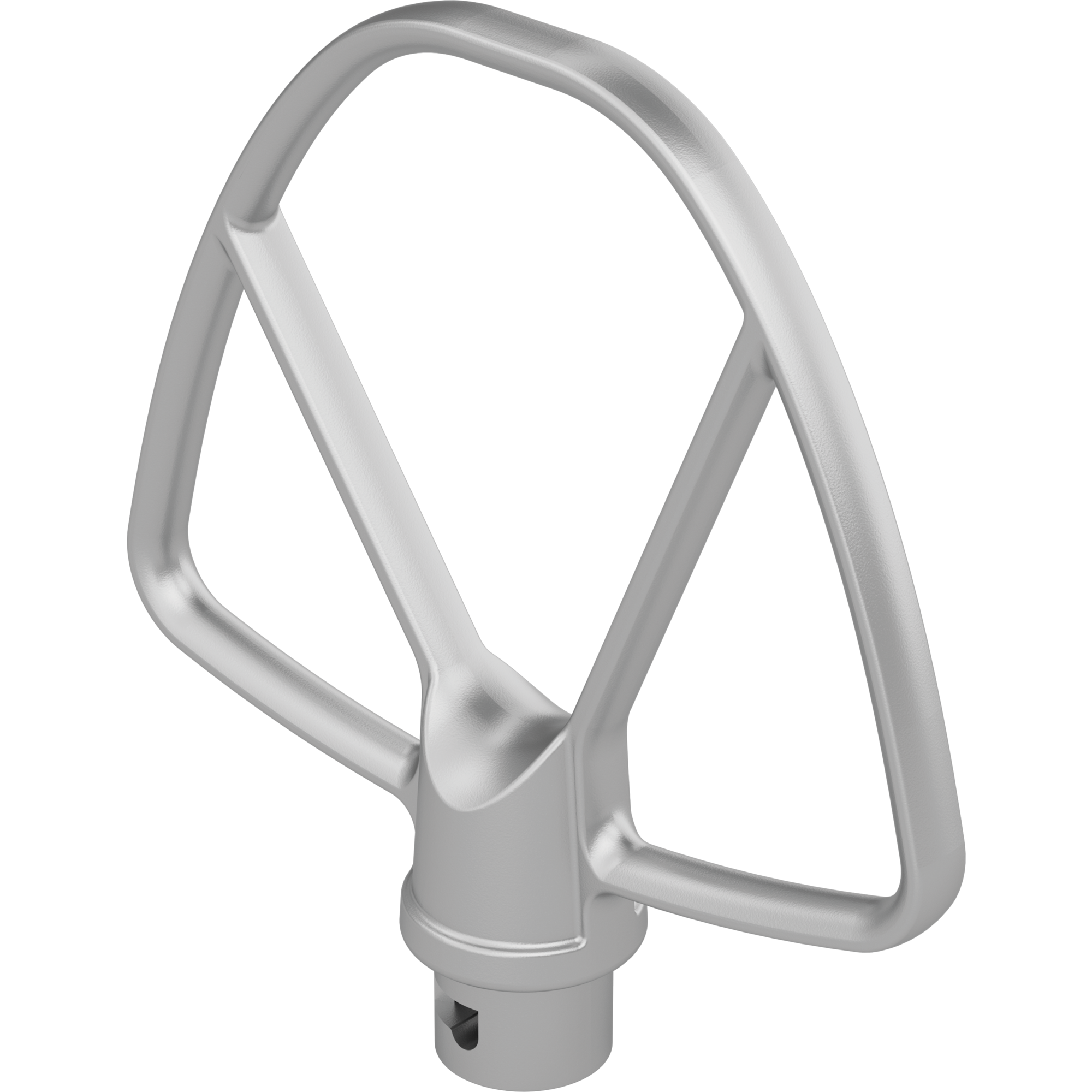 Un accessorio frusta piatta argentato per un mixer da cucina, isolato su sfondo nero.