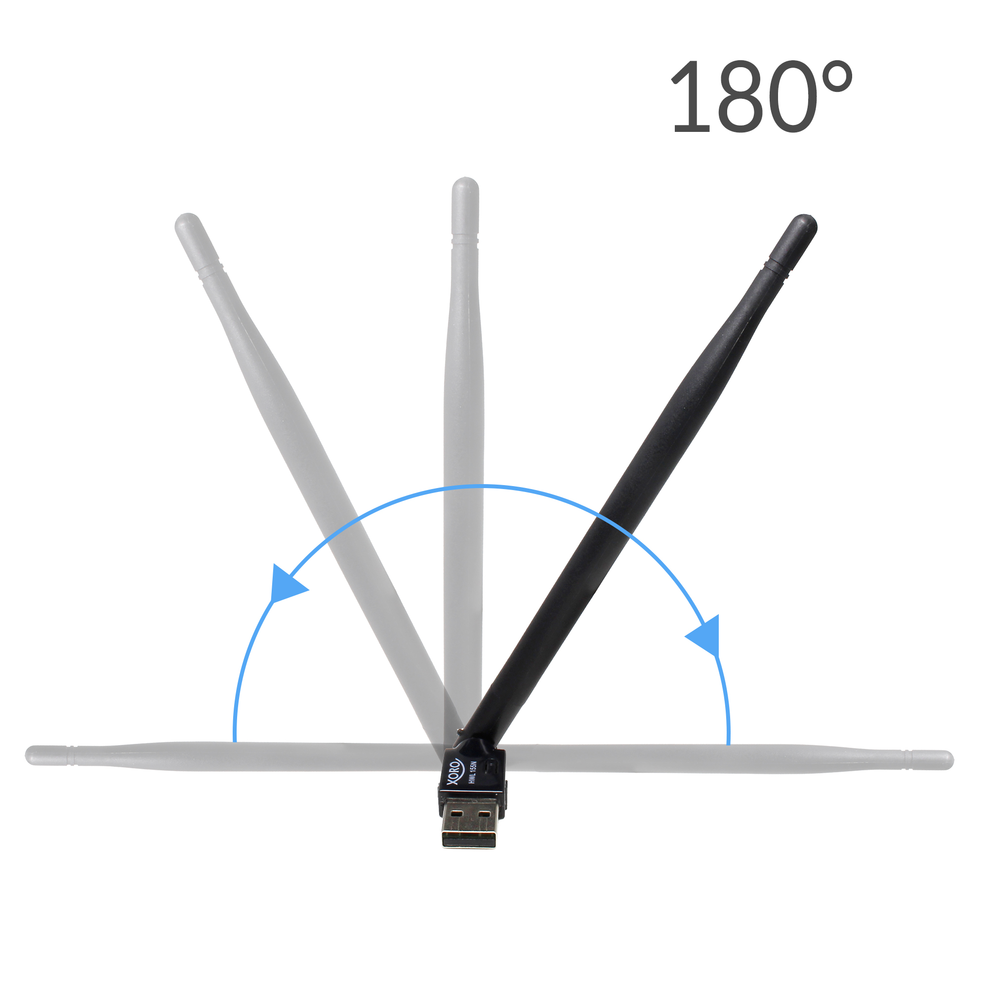 Eine USB-WLAN-Antenne, die sich um 180 Grad dreht und drei Positionen zeigt.