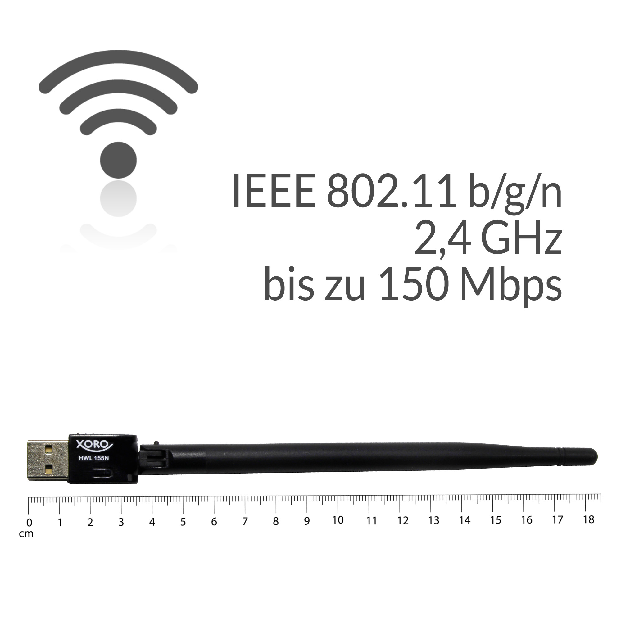 Schwarzer USB-WLAN-Adapter mit Antenne neben Text: IEEE 802.11 b/g/n 2,4 GHz bis zu 150 Mbit/s.